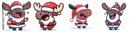 Moose wear Santa Claus costumes laughing with mouth open a simple vector graphic drawing of jolly holiday mirth