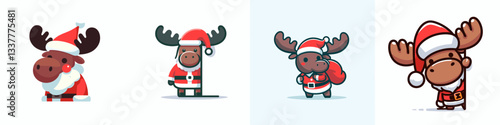 Moose wear Santa Claus costumes peeking from behind a minimalist vector drawing of snowy trees.