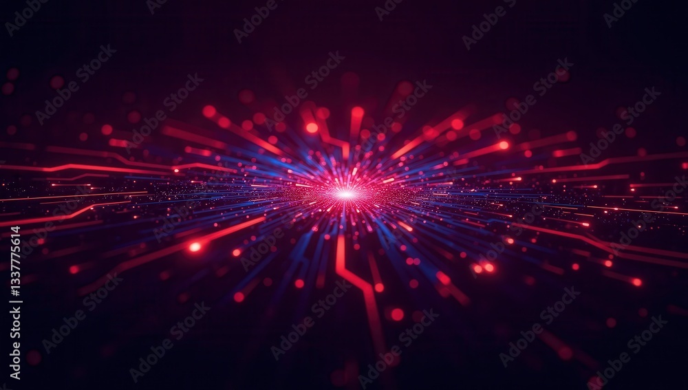 Fototapeta premium Futuristic Burst of Red and Blue Lights in a Digital Circuit Space