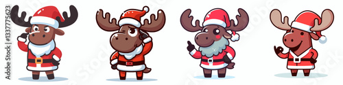Moose wear Santa Claus costumes raising one eyebrow a minimalist vector drawing of festive woodland creatures.