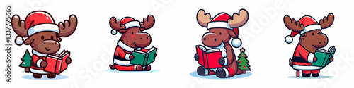 Moose wear Santa Claus costumes reading a book a simple vector graphic depicting festive woodland animals enjoying literature