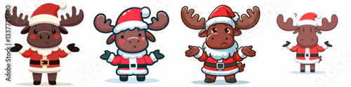 Moose wear Santa Claus costumes shrugging minimalist vector drawing of majestic woodland creatures enjoying the holidays