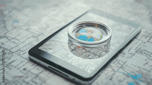 High-angle, close-up shot of a smartphone displaying a map.  A small compass rests on top of the phone, its reflection visible on the screen. The phone lies on a paper map, showing a portion of a