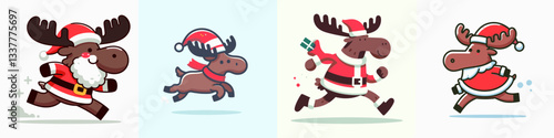 Moose wear Santa Claus costumes running wildly a minimalist vector drawing of festive woodland creatures