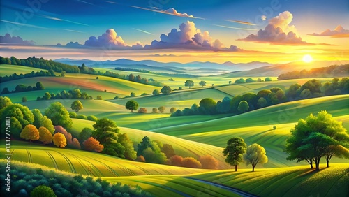 Panoramic Summer Dawn: Vibrant Green Hills & Blue Sky Countryside Landscape