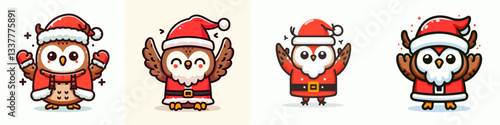 Owl wear Santa Claus costumes hands raised in celebration a joyful winter vector graphic