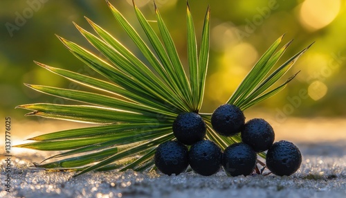 Ripe Saw Palmetto Berries and Leaf in Golden Light - Natural Remedy