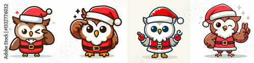 Owl wearing Santa Claus costumes raising one eyebrow a minimalist vector drawing of a wise winter bird