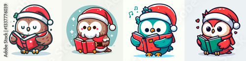 Owl wearing Santa Claus costumes reading a book a minimalist vector drawing shows winter holiday spirit