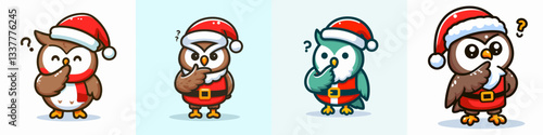 Owl wearing Santa Claus costumes tapping chin thoughtfully a simple vector graphic design