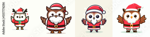 Owl wear Santa Claus costumes standing with arms open wide a minimalist vector drawing of winter holiday cheer