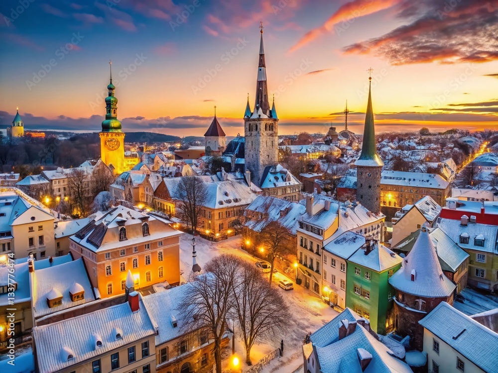 Fototapeta premium Panoramic Surreal Winter View of Tallinn Old Town, Estonia: Snow-Covered Roofs, St. Olaf's Church & Fortress Towers