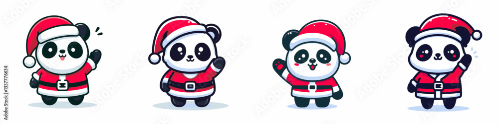 Panda wear Santa Claus costumes waving hand a simple vector graphic illustration of festive bears