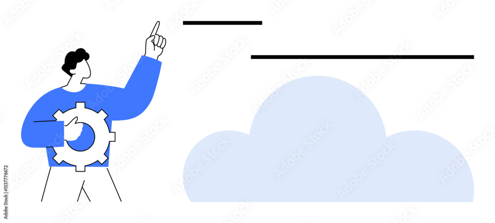 Man holding a gear while pointing at a cloud, representing innovation, technology integration, and digital transformation. Ideal for automation, planning, strategy, IT, cloud services Man holding a gear while pointing at a cloud, representing innovation, technology integration, and digital transformation. Ideal for automation, planning, strategy, IT, cloud services