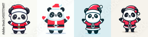 Panda wear Santa Claus costumes standing with arms open in a simple vector graphic illustration of festive joy.