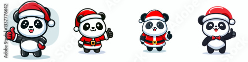 Panda wear Santa Claus costumes thumbs up a simple vector graphic drawing of festive bears celebrating Christmas