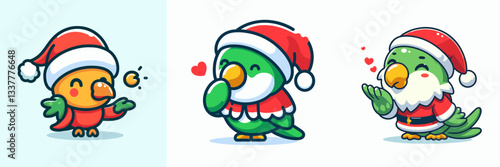 Parrot wear Santa Claus costumes blowing a kiss vector graphic simple minimalist design for a festive holiday card