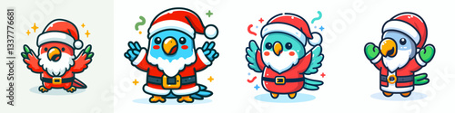 Parrot wear Santa Claus costumes hands raised in celebration a festive vector graphic simple design joyful holiday spirit