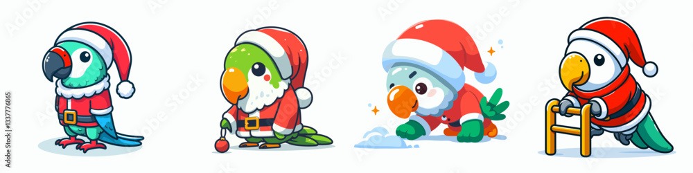 Parrot wear Santa Claus costumes leaning forward a minimalist vector drawing of festive birds Parrot wear Santa Claus costumes leaning forward a minimalist vector drawing of festive birds