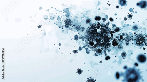 The image is an abstract close-up shot depicting various sized blue ink splashes and splatters on a white background. The splashes range in intensity of color from light to dark blue, creating a