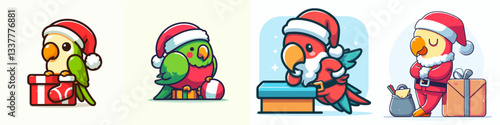 Parrot wear Santa Claus costumes leaning on an object a simple vector graphic illustration showing festive birds