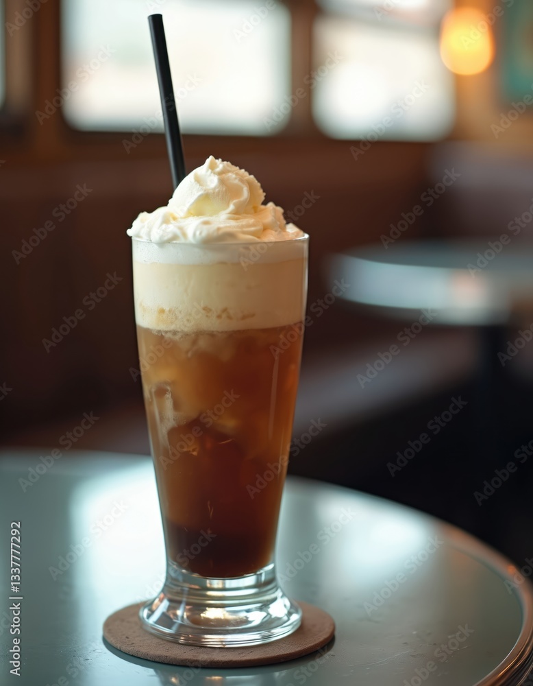 Close-up on nostalgic root beer float with vanilla ice cream in classic diner. Refreshing dessert soda fountain drink with scoop of creamy sweetness, tasty refreshment. Sweet indulgence. Close-up on nostalgic root beer float with vanilla ice cream in classic diner. Refreshing dessert soda fountain drink with scoop of creamy sweetness, tasty refreshment. Sweet indulgence.