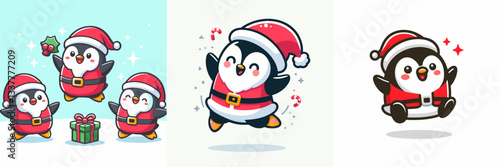 Penguin wear Santa Claus costumes jumping with joy a simple vector graphic depicting festive winter fun