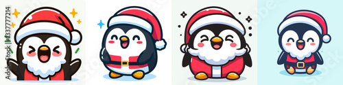 Penguin wearing Santa Claus costumes laughing with mouth open a simple vector graphic depicting jolly winter fun