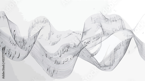 A grayscale image depicting a stylized representation of musical notes arranged in a flowing, swirling pattern. The notes appear to be printed on a translucent fabric or material which is rendered