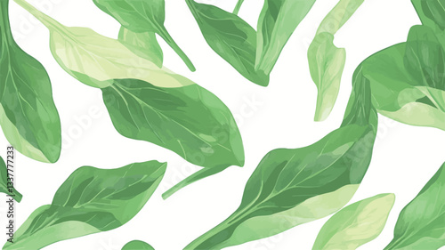 A digitally created image depicts numerous spinach leaves scattered against a pure white background. The leaves vary slightly in shade of green, ranging from light to a deeper green, suggesting