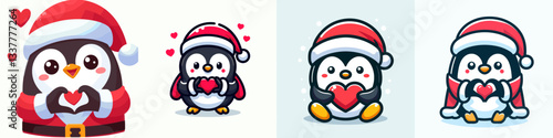 Penguin wearing Santa Claus costumes making a heart with hands vector graphic simple minimalist doodle illustration for a festive holiday card
