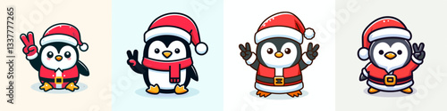 Penguin wearing Santa Claus costumes making a peace sign vector graphic for a festive winter holiday doodle
