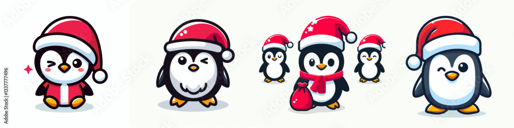 Fototapeta premium Penguin wear Santa Claus costumes winking a simple vector graphic of festive birds