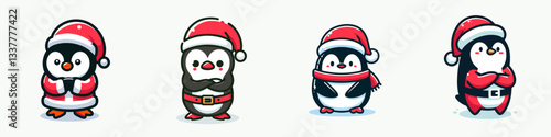 Penguin wear Santa Claus costumes smiling with arms crossed a simple vector graphic of festive birds