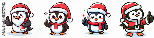 Penguin wear Santa Claus costumes thumbs up a simple vector graphic showing festive birds