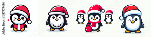 Penguin wear Santa Claus costumes winking a simple vector graphic of festive birds