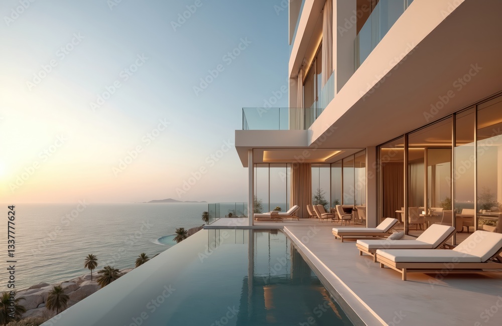 Obraz premium Luxury apartments in Dubai at sunset. Modern architecture building with sea view and rooftop pool. Palms and rocks near beach. Great place for luxury lifestyle vacation.