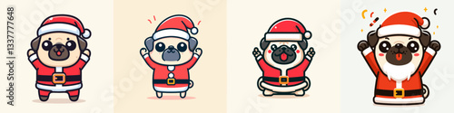Pug Dog wear santa outfit Hands Raised in Celebration vector graphic simple festive holiday doodle