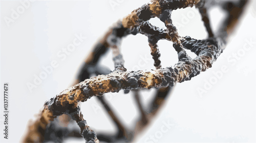 Close-up detailed view of a three-dimensional rendered model of a DNA double helix. The helix is depicted as damaged or degraded, with portions appearing burnt, charred, or otherwise compromised.