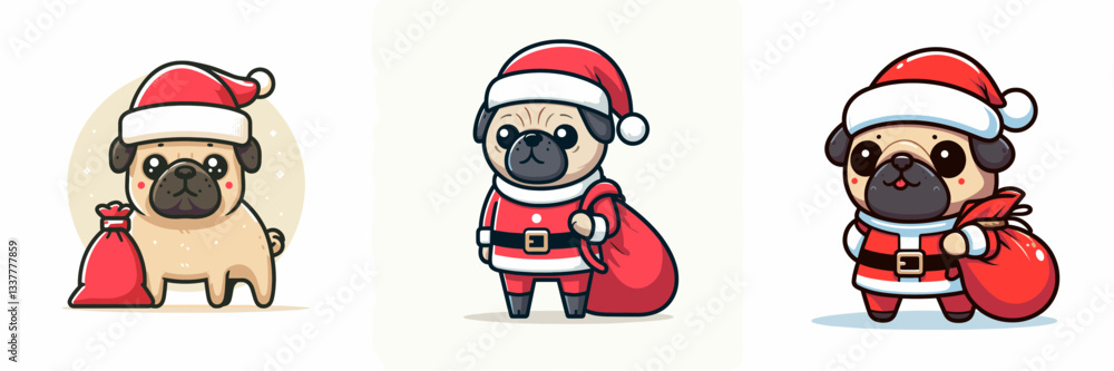 Pug Dog wear Santa outfit Standing with a Sack on the Shoulder minimalist vector drawing of a festive pet Pug Dog wear Santa outfit Standing with a Sack on the Shoulder minimalist vector drawing of a festive pet