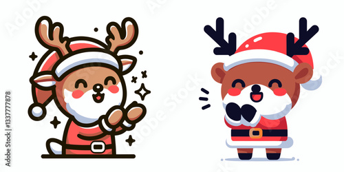 Reindeer wear Santa Claus costumes clapping hands a simple vector graphic of jolly festive fun