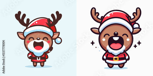 Reindeer wear Santa Claus costumes laughing with mouth open wide a simple vector graphic illustration of jolly festive fun