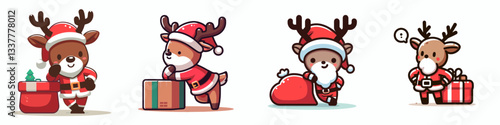 Reindeer wear Santa Claus costumes leaning on an object a simple vector graphic depicting festive woodland creatures.