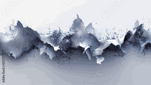 The image presents a horizontal panoramic view of an abstract texture. Predominantly gray and white, the texture resembles stylized brushstrokes or paint application.  The shades vary from light