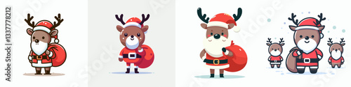 Reindeer wear Santa Claus costumes standing with a sack on their shoulder a simple vector graphic depicting Christmas spirit
