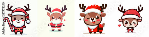 Reindeer wear Santa Claus costumes winking a mischievous simple vector graphic.