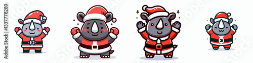 Rhino wear Santa Claus costumes hands raised in celebration a joyous winter vector graphic