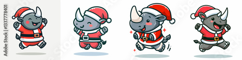 Rhino wear Santa Claus costumes jumping with joy a simple vector graphic depicting jolly holiday cheer