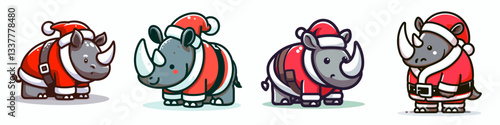 Rhino wear Santa Claus costumes leaning forward a simple vector outline drawing depicts jolly pachyderms.