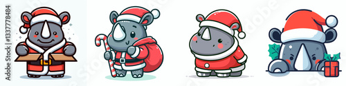 Rhino wear Santa Claus costumes peeking from behind a minimalist vector drawing of festive cheer